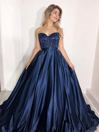 Sweetheart Long A-line Navy Satin Beaded Prom Dresses, PD0976