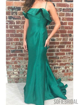 Spaghetti Long Mermaid Green Satin Prom Dresses, PD0965