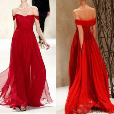 Off Shoulder Red Chiffon Long A-line Cheap Popular Prom Dresses, PD0543