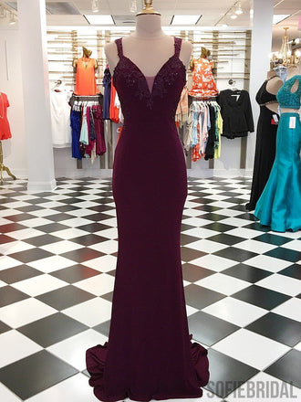 Maroon Long Mermaid Jersey Appliques Beaded Prom Dresses, PD0984