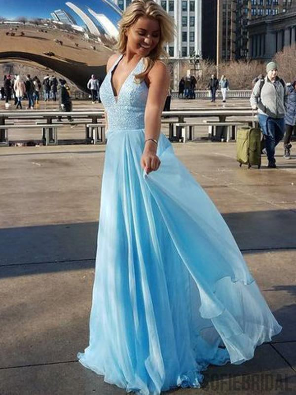 Light Blue V-neck Sequin Chiffon Long Prom Dresses, PD0947