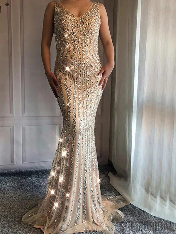 V-neck Long Mermaid Rhinestone Beaded Luxury Prom Dresses, PD0955