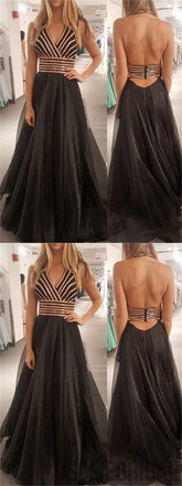 Halter Prom Dresses, V-neck Prom Dresses, Black Prom Dresses, Cheap Prom Dresses, PD0613