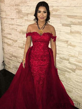 Off Shoulder Long Lace Tulle Prom Dresses, PD0981