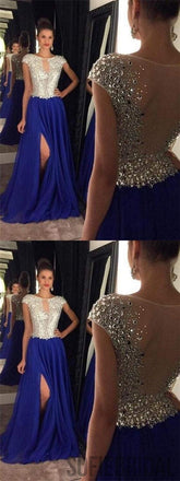 Cap Sleeve Prom Dresses, Rhinestone Prom Dresses, Side Slit Prom Dresses, Long Prom Dresses, PD0660