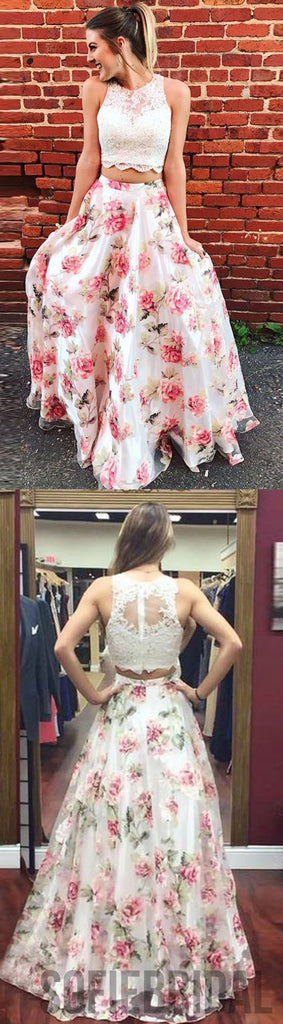2 pieces Lace Top Floral Prom Dresses, Lovely Prom Dresses, Simple Prom Dresses, Cheap Prom Dresses, PD0353