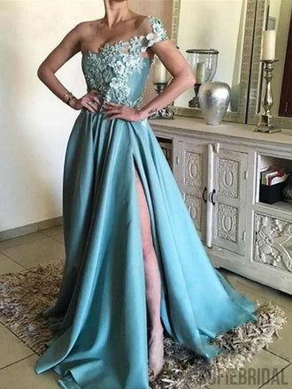 One Shoulder Appliques Beaded Side Slit Long Prom Dresses, Prom Dresses, PD0763