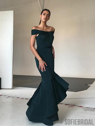 Off Shoulder Long Mermaid Dark Green Prom Dresses, PD0949
