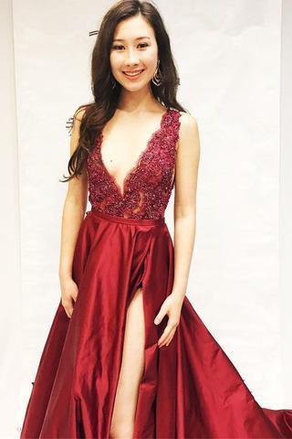 V-neck Lace Beaded Prom Dresses, Red Satin Prom Dresses, Long Prom Dresses, PD0669
