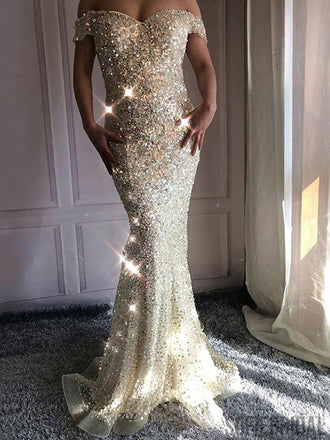 Off Shoulder Long Mermaid Sequin Tulle Prom Dresses, PD0956