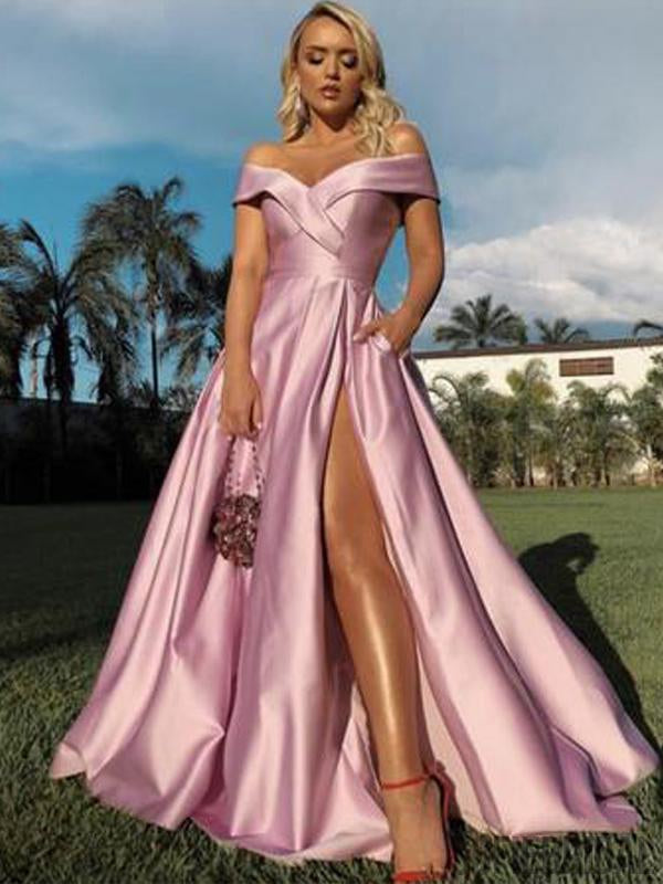 Off Shoulder Long A-line Pink Side Slit Prom Dresses, PD0973