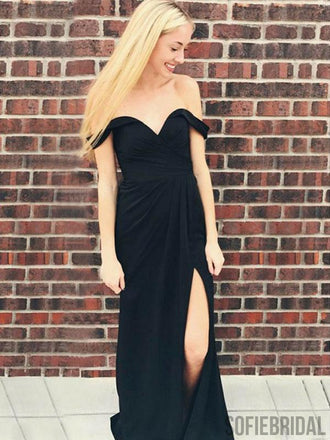 Black Off Shoulder Prom Dresses, Side Slit Prom Dresses, Long Prom Dresses, PD0717