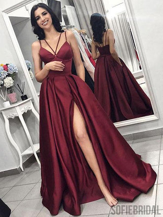 Simple Long A-line Side Slit Satin Prom Dresses, PD0837