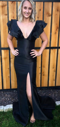 V-neck Black Satin Side Slit Long Mermaid Prom Dresses, Cheap Prom Dresses , PD0782