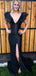 V-neck Black Satin Side Slit Long Mermaid Prom Dresses, Cheap Prom Dresses , PD0782