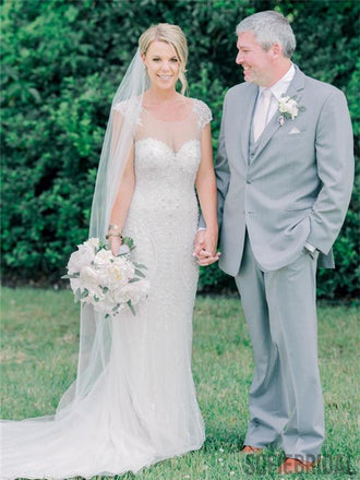 Mermaid Cap Sleeves See-though Open-back Beading Wedding Dresses, WD0476