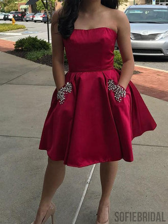 Simple Strapless Cute Cheap Beaded Red Homecoming Dresses, CM450