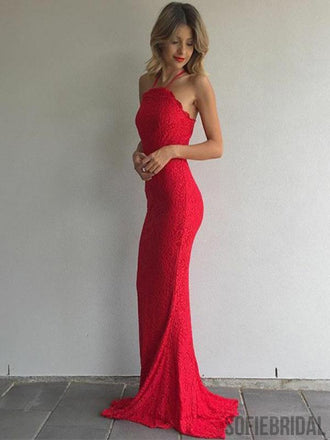 Halter Red Lace Prom Dresses, Mermaid Prom Dresses, Long Prom Dresses, Cheap Prom Dresses, PD0685