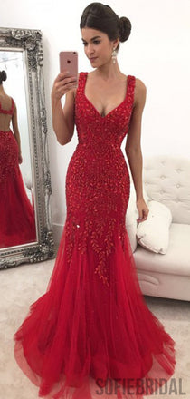 Red Rhinestone Long Mermaid Gorgeous Prom Dresses, PD0832