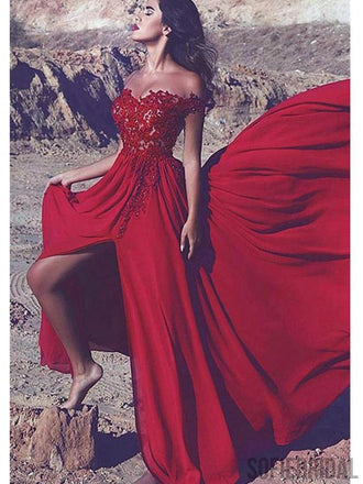 Red Off Shoulder Lace Long Side Slit Prom Dresses, PD0814