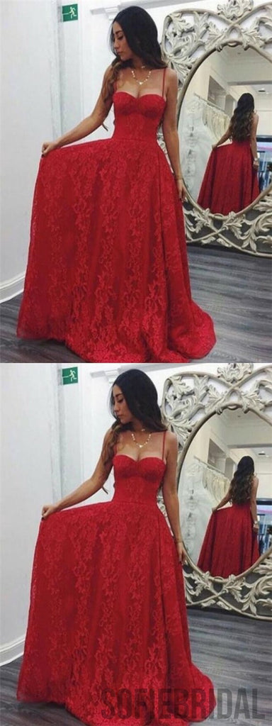 Spaghetti Red Lace Prom Dresses, A-line Prom Dresses, Sexy Prom Dresses, PD0684