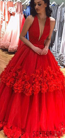Deep V-neck Red Floral Long A-line Ball Gown, Prom Dresses, PD0963