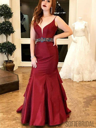 Red Mermaid Satin Prom Dresses Withed Rhinestone Waist Band, Cheap Prom Dresses, PD0747