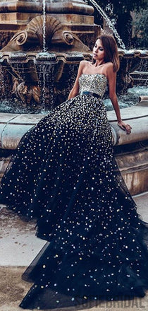 Sweetheart Long A-line Black Tulle Rhinestone Beaded Prom Dresses, PD0932