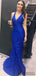 V-neck Royal Blue Lace Long Mermaid Sexy Prom Dresses, PD0922