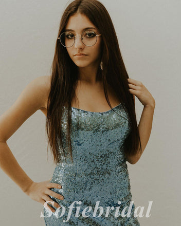 Sexy Sequin Spaghetti Straps Sleeveless Side Slit Mermaid Long Prom Dresses With Feather,SFPD0687