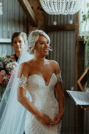 Newest Mermaid Off-shoulder Fulle Lace Sexy Tulle Wedding Dresses With Train, WD0477