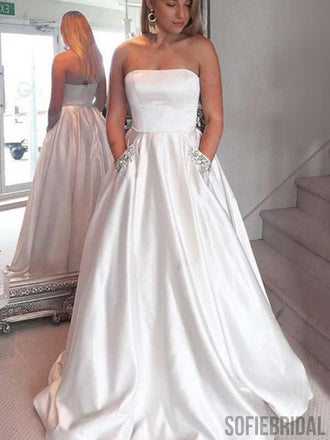 Strapless White Satin Long A-line Prom Dresses, Simple Prom Dresses , PD0778
