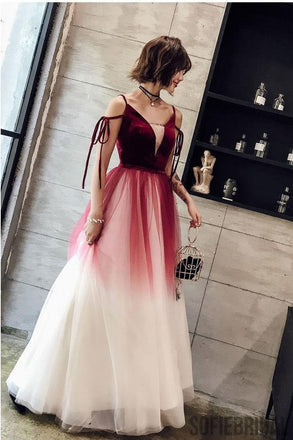 A-line Floor-length V-neck Long Tulle Lace Up Back Prom Dresses, PD0082