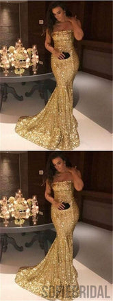 Strapless Gold Sequin Mermaid Prom Dresses, Sexy Prom Dresses, Popular Prom Dresses, PD0621