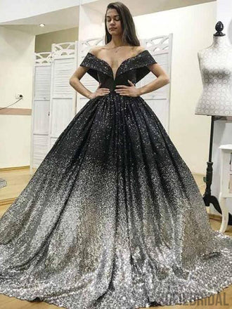 Off Shoulder Gradient Black-Silver Sequin Long Prom Dresses, PD0858