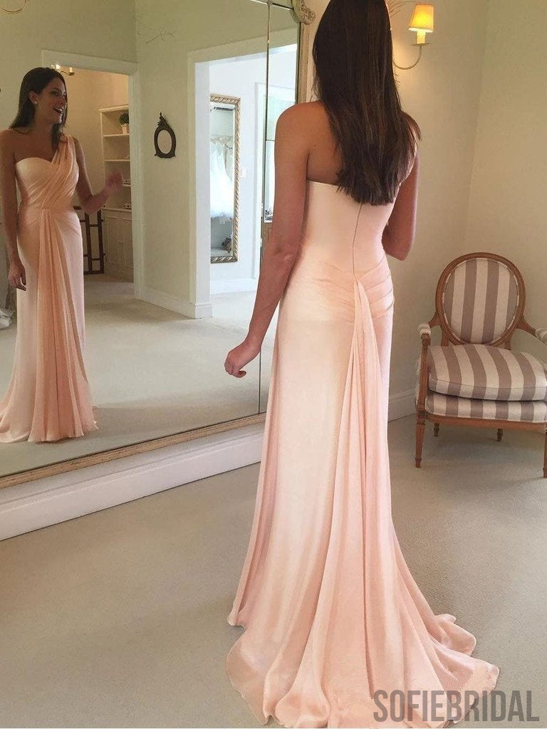 One-shoulder Sheath Simple Long Bridesmaid Dresses With Pleats, BD0572