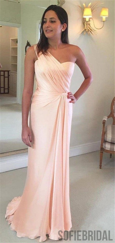 One-shoulder Sheath Simple Long Bridesmaid Dresses With Pleats, BD0572