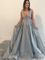 V-neck Special Grey Sequin Tulle Long Prom Dresses, A-line Prom Dresses , PD0783