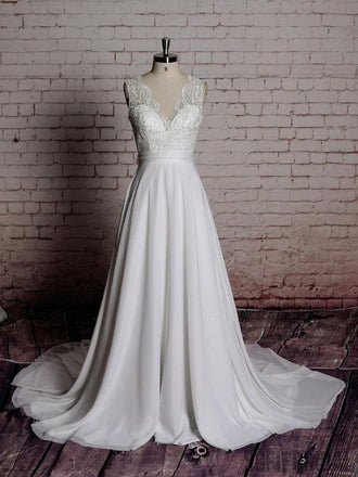 Lace Back Bow V Neck Cheap Beach Wedding Dresses Online, WD383