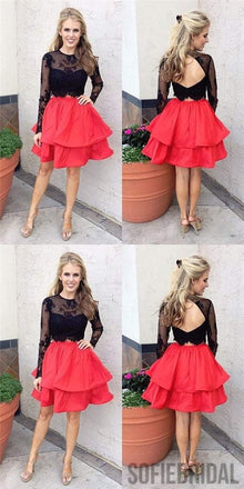 2 Pieces Black Lace Top Homecoming Dresses, Red Homecoming Dresses, Cheap Homecoming Dresses, SF0115
