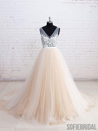 V Neck See Through A-line Cheap Wedding Dresses Online, WD355
