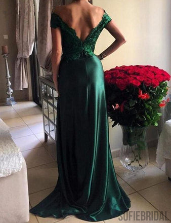 Off Shoulder Green Lace Satin Front Slit Sexy Long Prom Dresses, PD0237