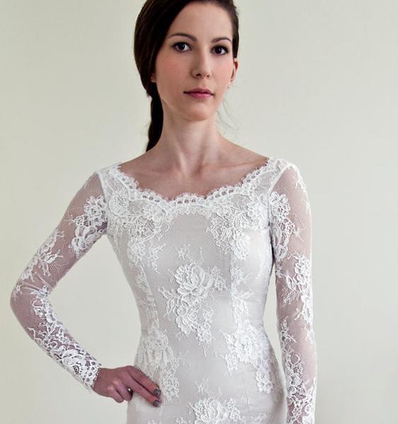 Round Neck Long Sleeve See Through Lace Mermaid V-back Wedding Dresses, WD0215