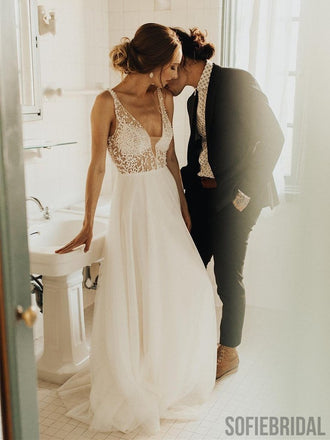 V-neck Beaded Long A-line Gorgeous Wedding Dresses, WD0280