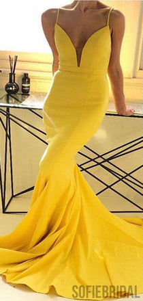 Spaghetti Long Mermaid Yellow Cheap Prom Dresses, PD0831